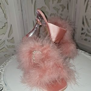 LADY HELENA" Blush Feather Crystal Satin Clear Heel Mules